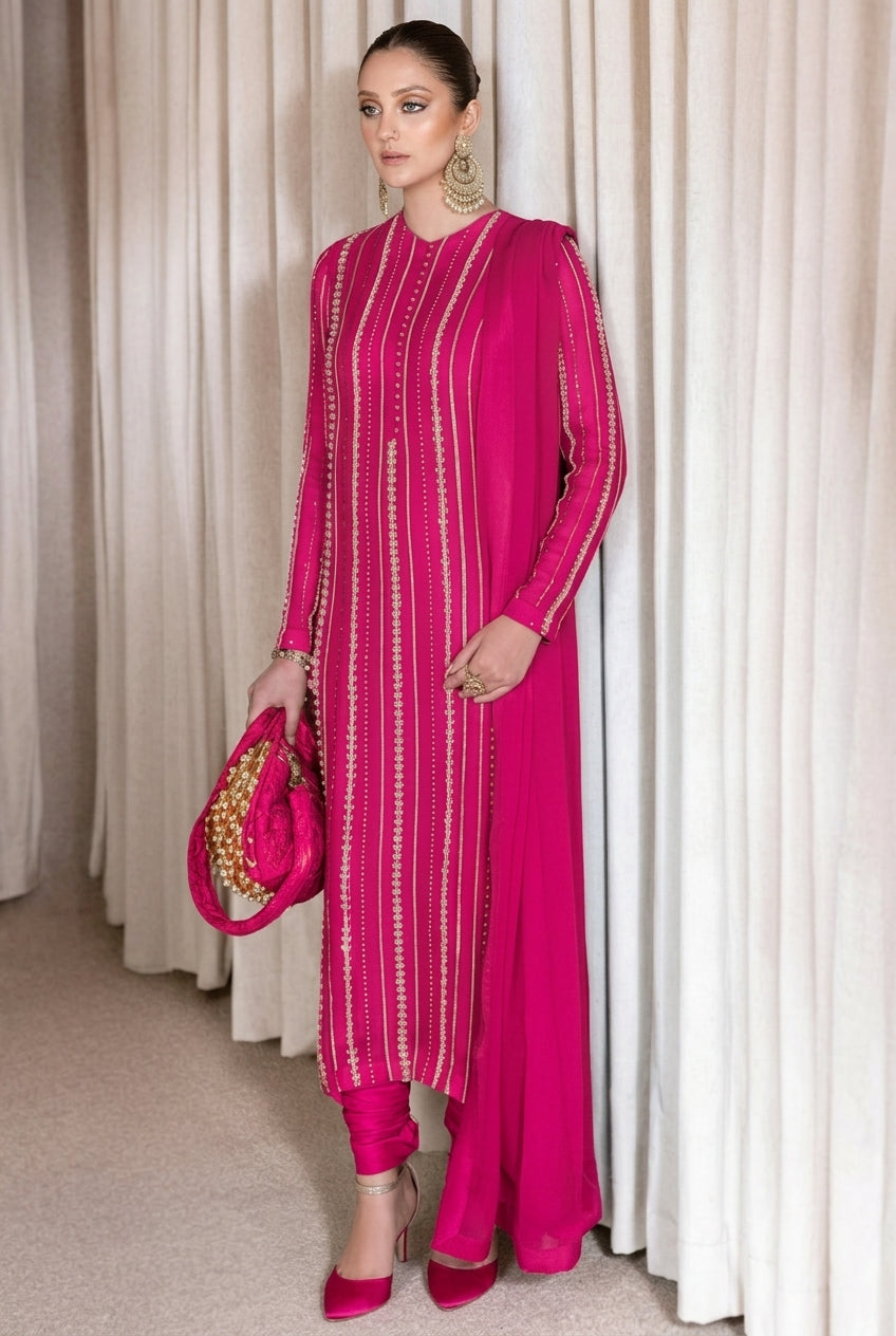3 Piece  Embroidery Chiffon Suit With Pearl Work Dupatta - Ready To Wear