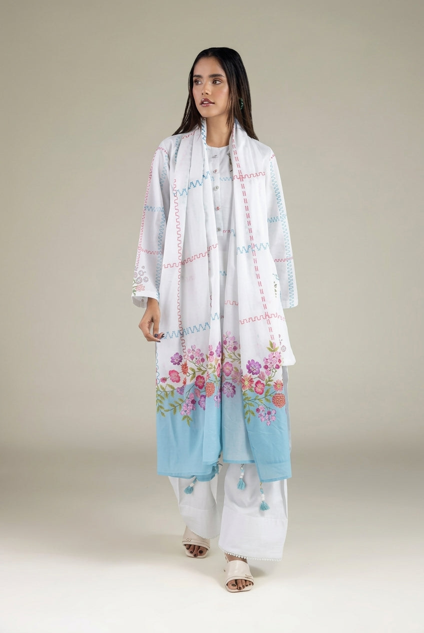 03-Piece Button Flaired Shirt and Shalwar  - Ready To Wear