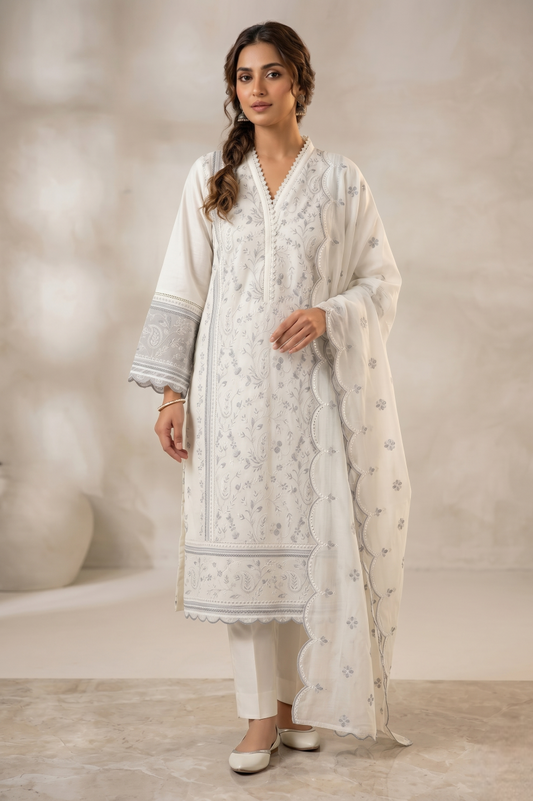 3 Piece Swiss Lawn Suit With Scallop Dupatta| Ready To Wear