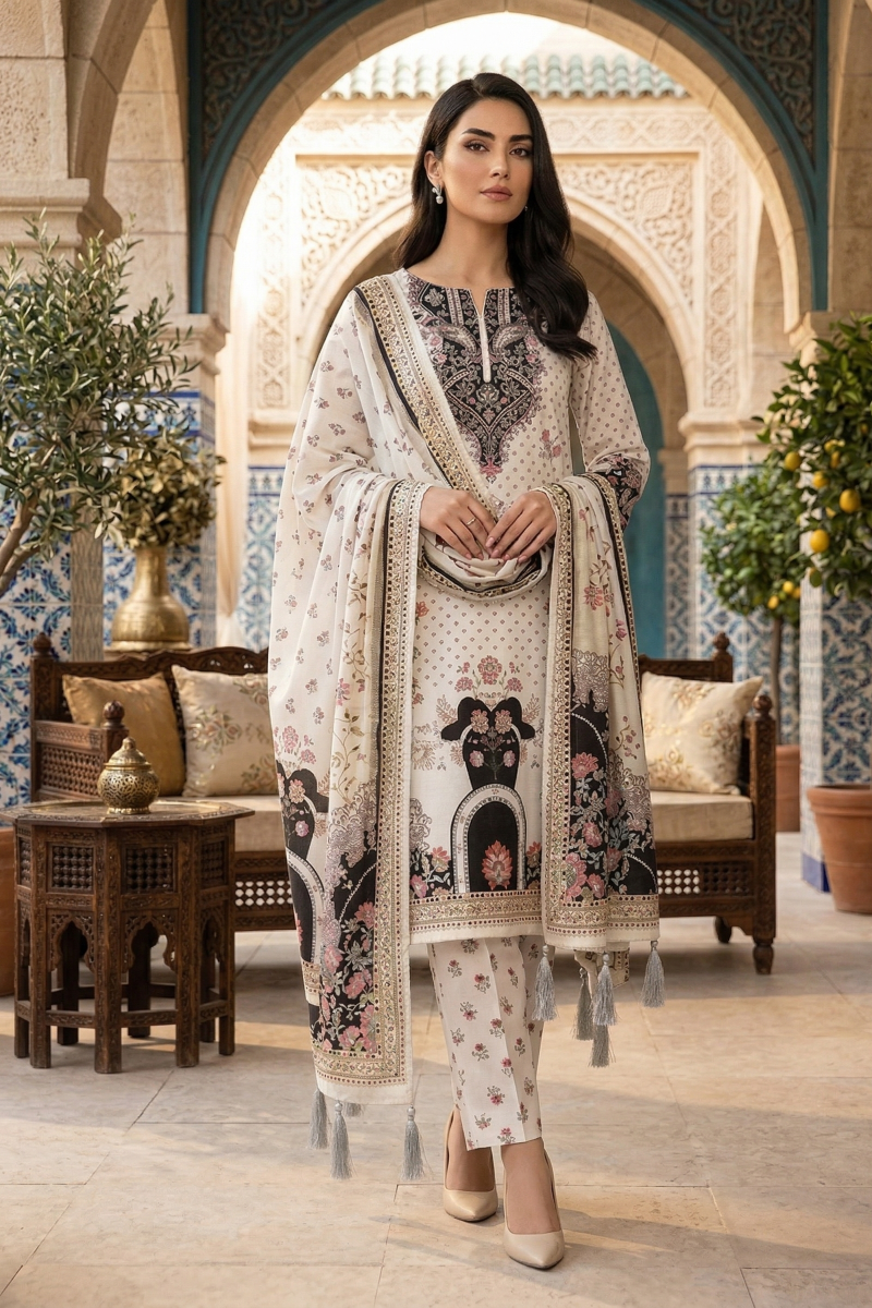 03-Piece Digital Print Silk Suit - Ready To Wear