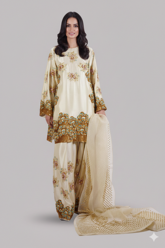 3  Piece  Stitched  Raw silk suit - Ready  to Wear