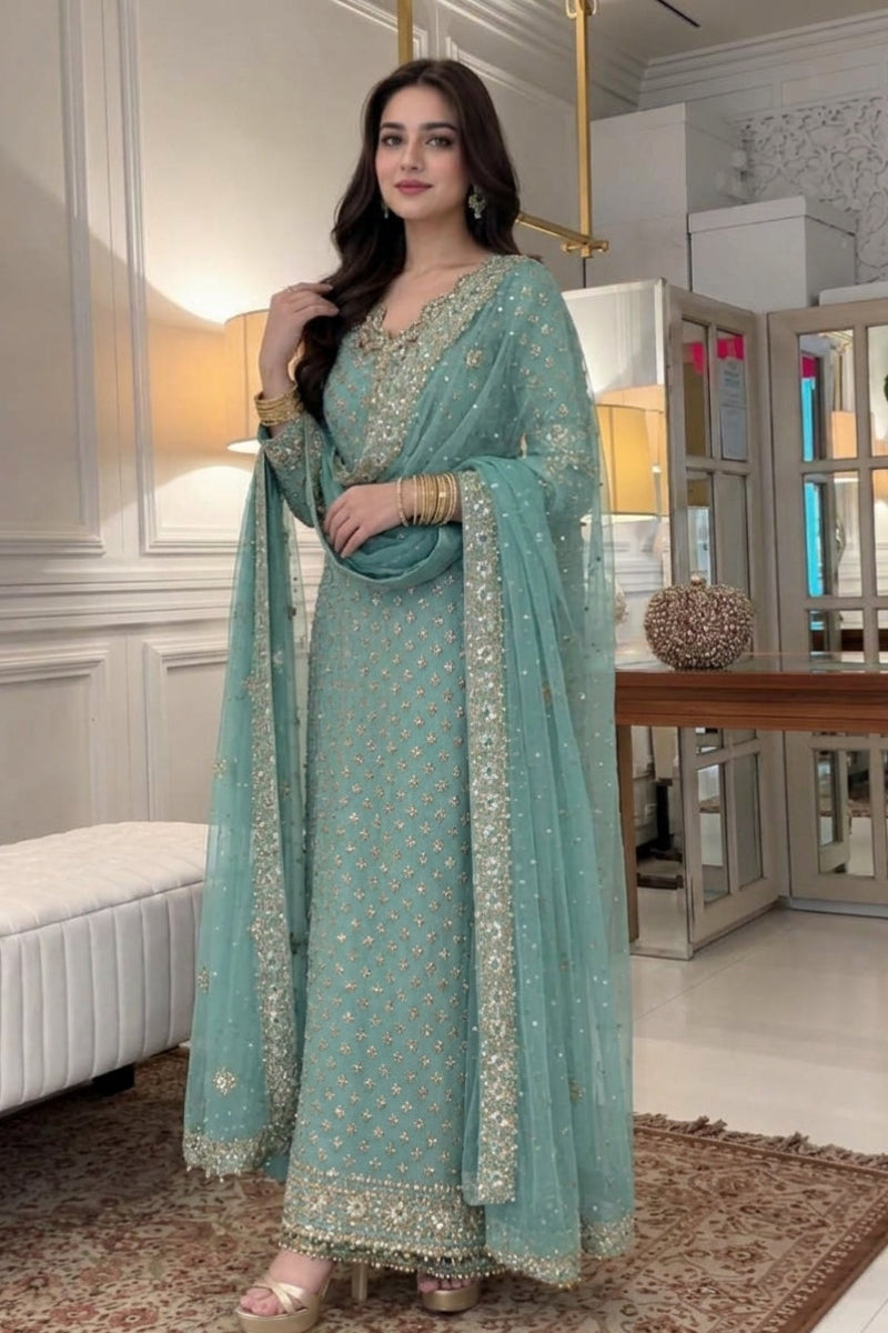 Sea Green Luxury Chiffon Embroidered 3-Piece Suit | Ready to Wear