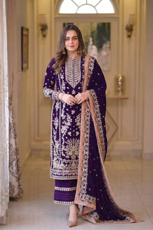03-Piece Chiffon Suit With Embroidery - Ready To wear