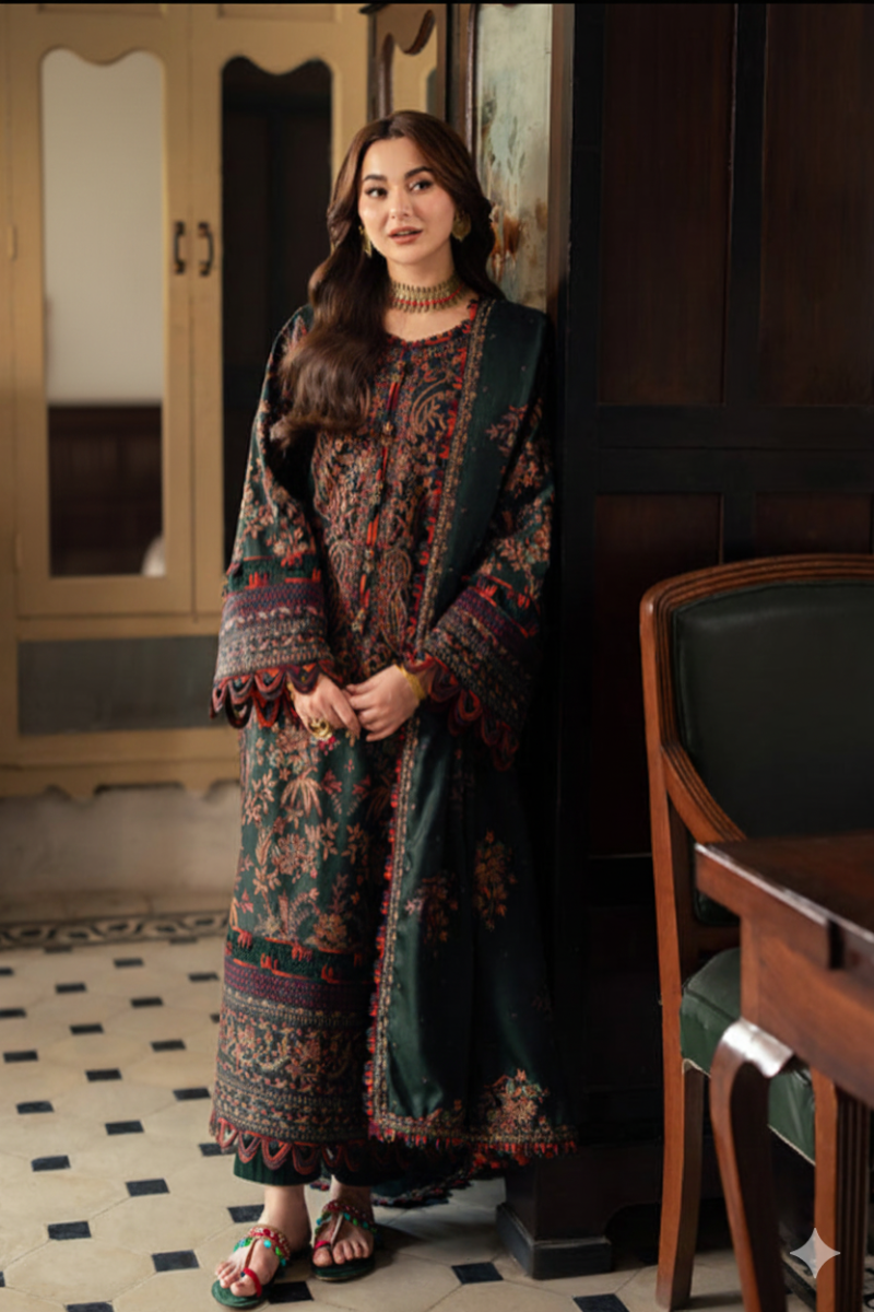 3 Piece  Stitched Dhank Suit - Ready   to Wear