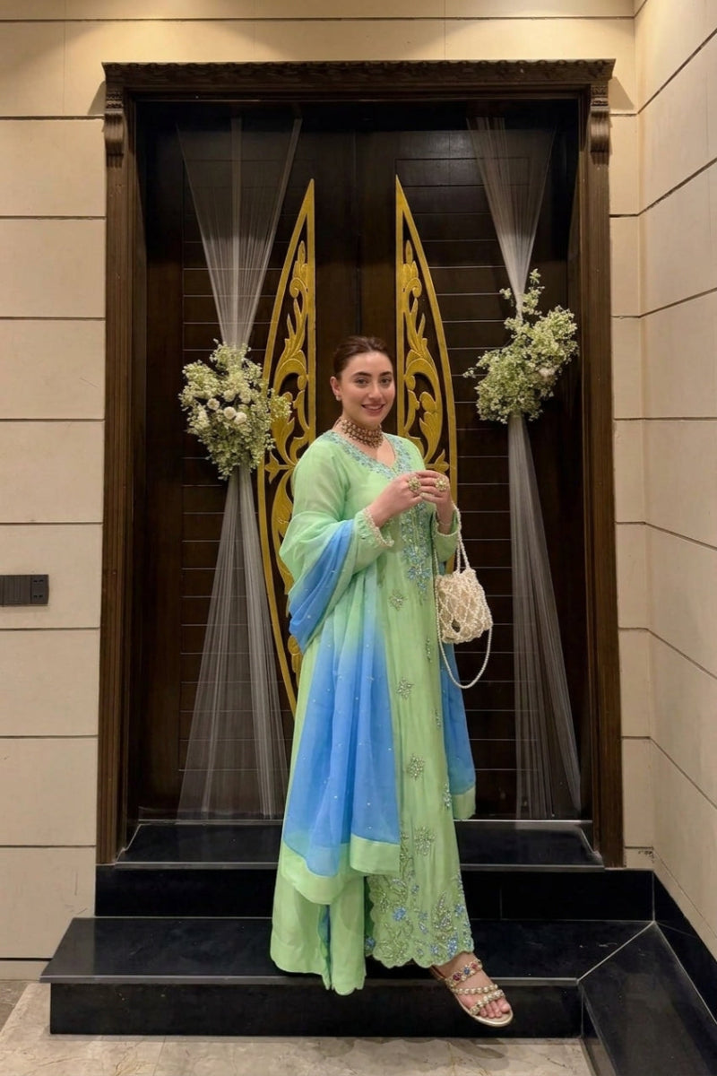 Silk Mint Green Embroidered 3-Piece Suit | Ready-to-Wear