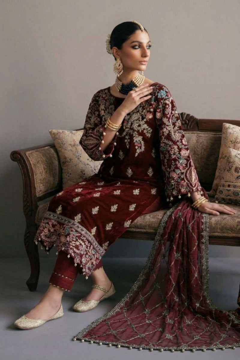 Maroon / Navy Blue Luxury Velvet Embroidered 3-Piece Suit | Ready to Wear