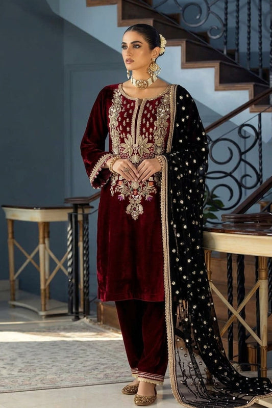 Maroon & Black Velvet Embroidered 3-Piece Suit | Ready to Wear