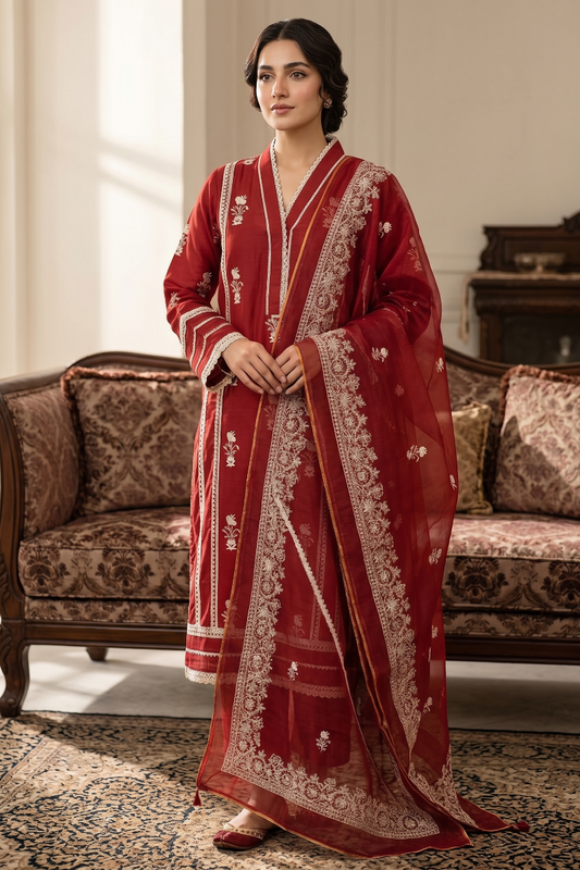 03-Piece Khaddi Net Suit With Embroidery - Ready To Wear