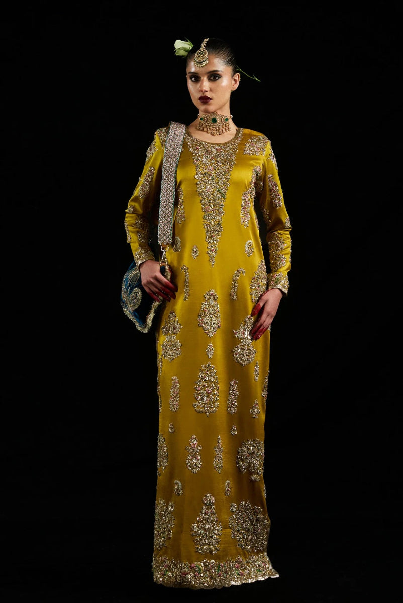 Mustard Hand-Embellished Satin Silk Long Shirt - Ready To Wear