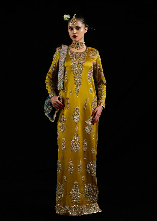 Mustard Hand-Embellished Satin Silk Long Shirt - Ready To Wear