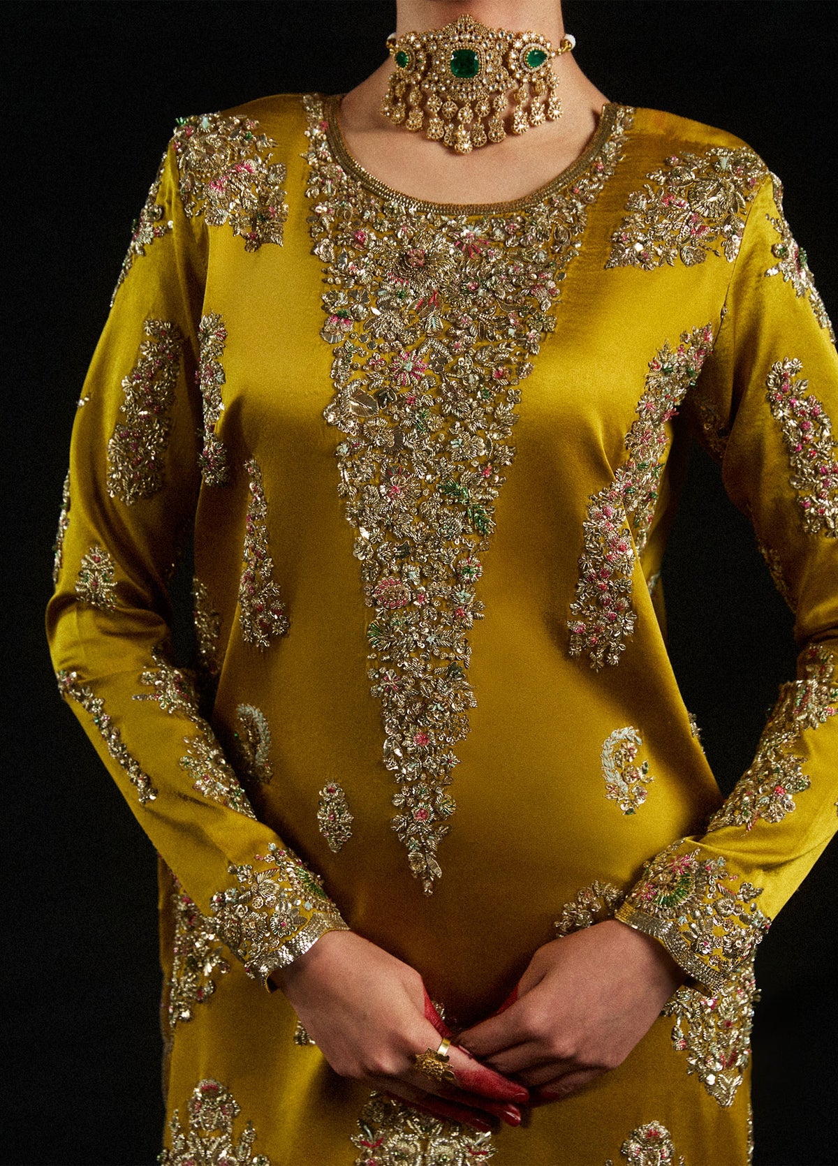 Mustard Hand-Embellished Satin Silk Long Shirt - Ready To Wear