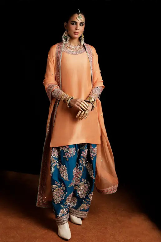 03-Piece Peach Raw Silk Ensemble with Organza Dupatta - Ready To Wear