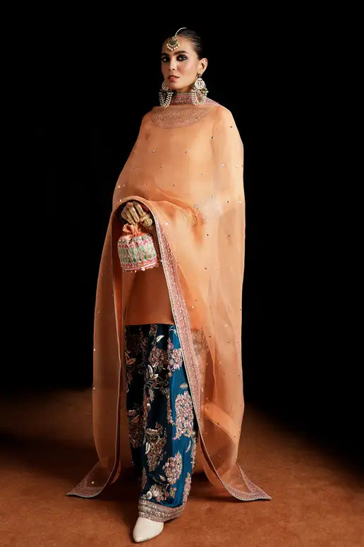 03-Piece Peach Raw Silk Ensemble with Organza Dupatta - Ready To Wear