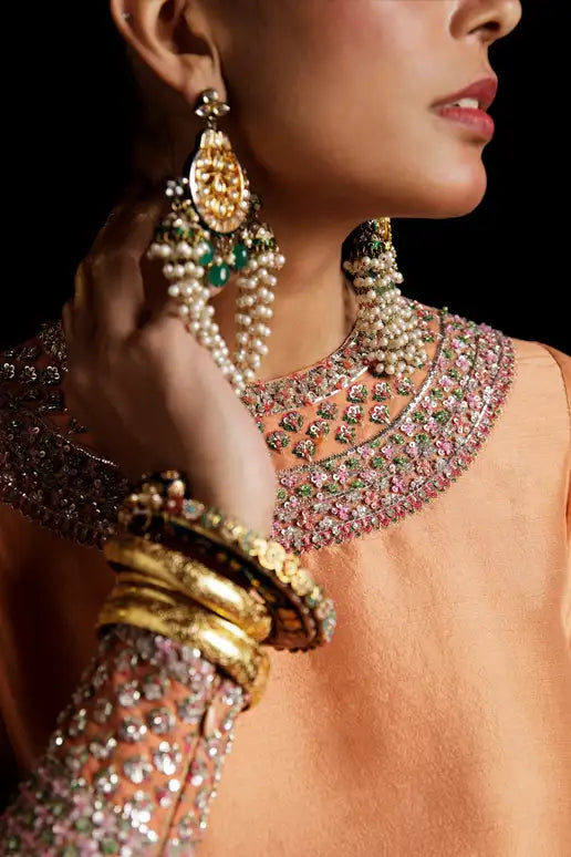 03-Piece Peach Raw Silk Ensemble with Organza Dupatta - Ready To Wear