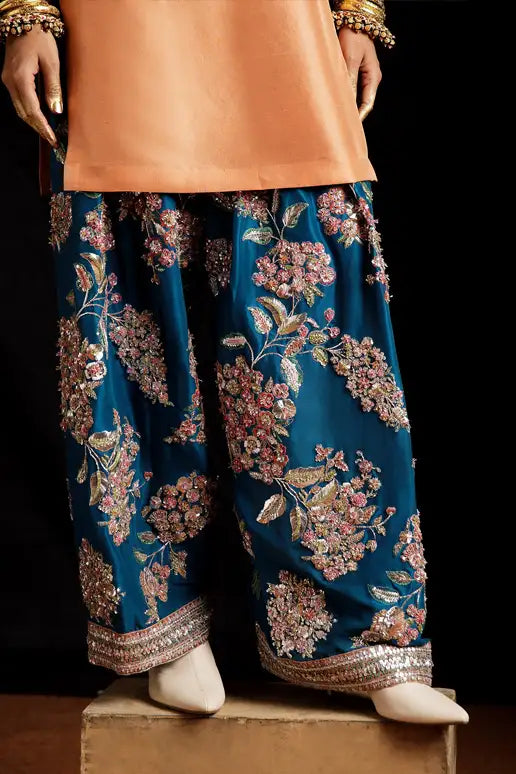 03-Piece Peach Raw Silk Ensemble with Organza Dupatta - Ready To Wear