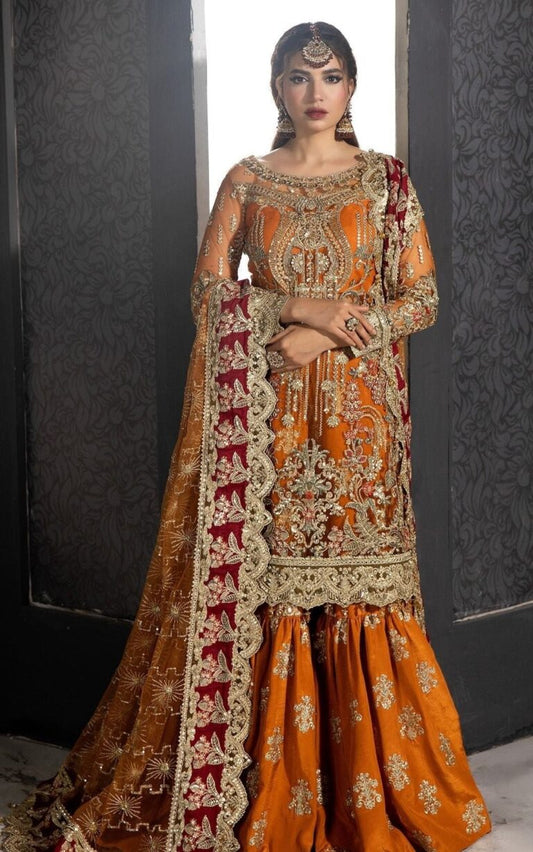 03-Piece Heavy Hand-Embroidered Net & Organza Stitched Gharara Set - Ready To Wear