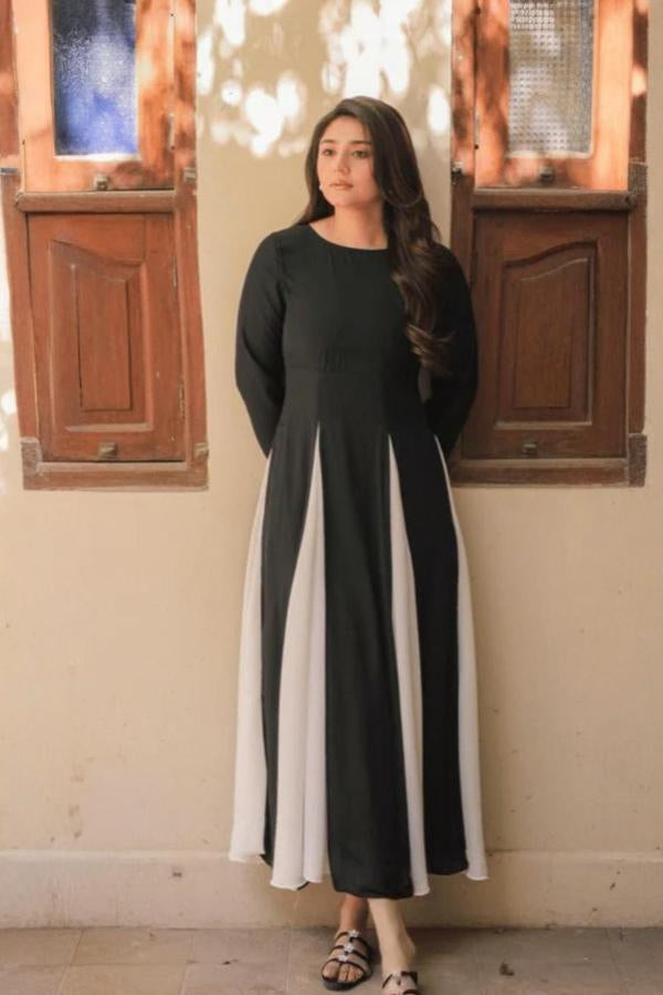 2 Piece Stitched Long Dress White & Black