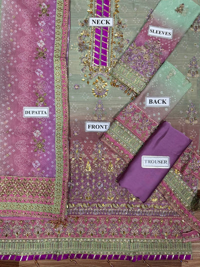 3 Piece Chiffon Stitched Suit with Silk Trouser - Ready To Wear