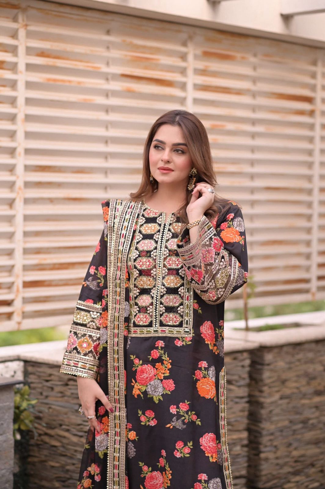 3 Piece Stitched Embroidery Silk Suit - Ready To Wear