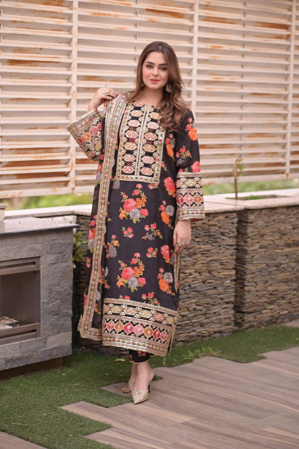 3 Piece Stitched Embroidery Silk Suit - Ready To Wear