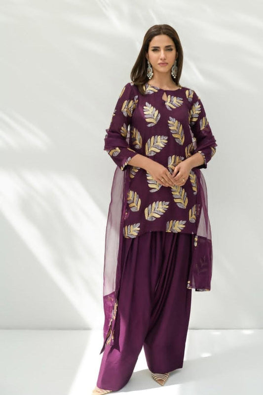 3 Piece Stitched Raw Silk Dress - Ready To Wear