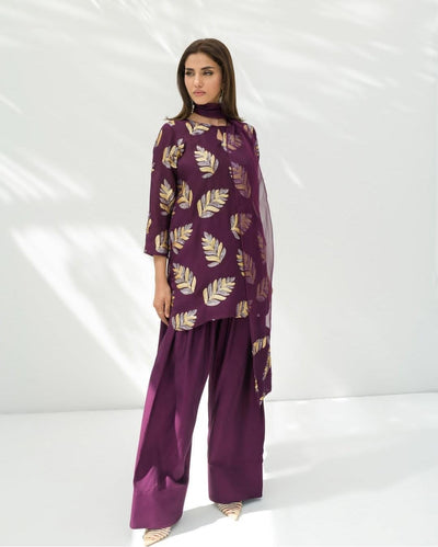 3 Piece Stitched Raw Silk Dress - Ready To Wear