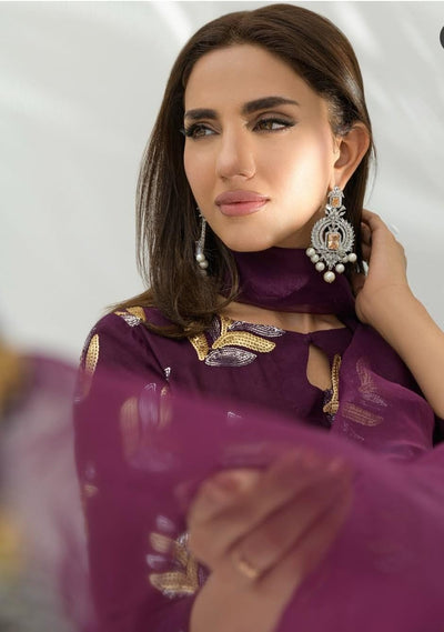 3 Piece Stitched Raw Silk Dress - Ready To Wear