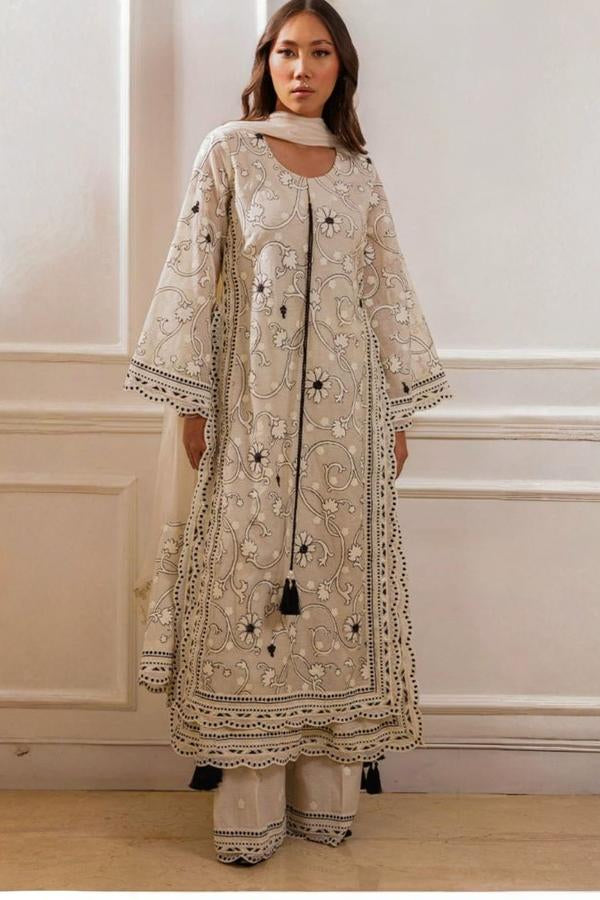 3 Piece Stitched Chikankari Embroidery Dress - Ready To Wear
