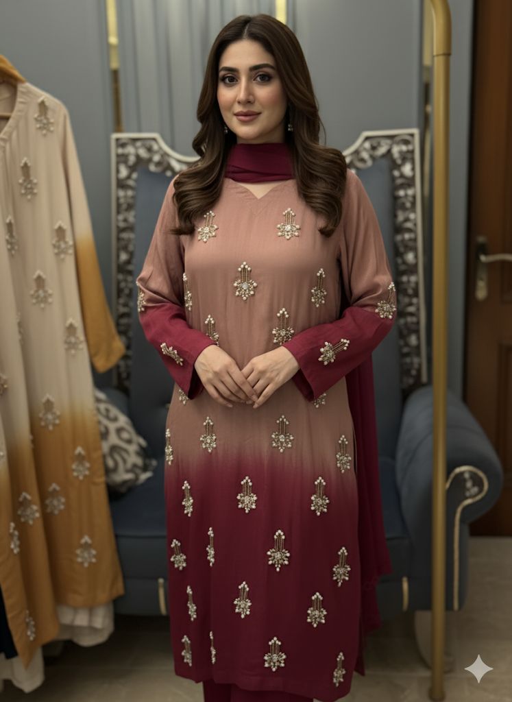 3 Piece Stitched Silk Dress - Ready To Wear