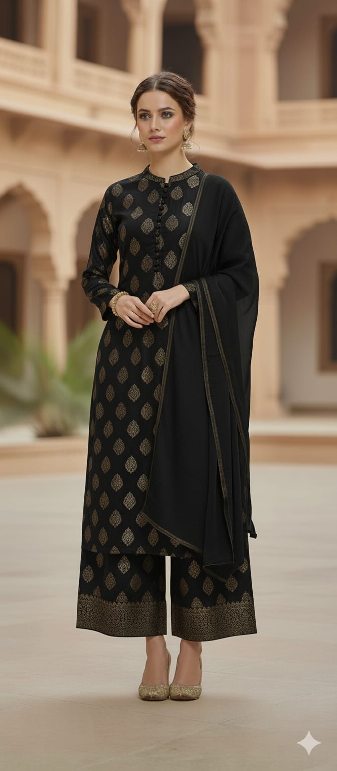 3 Piece Stitched Jaquard Dress - Ready To Wear