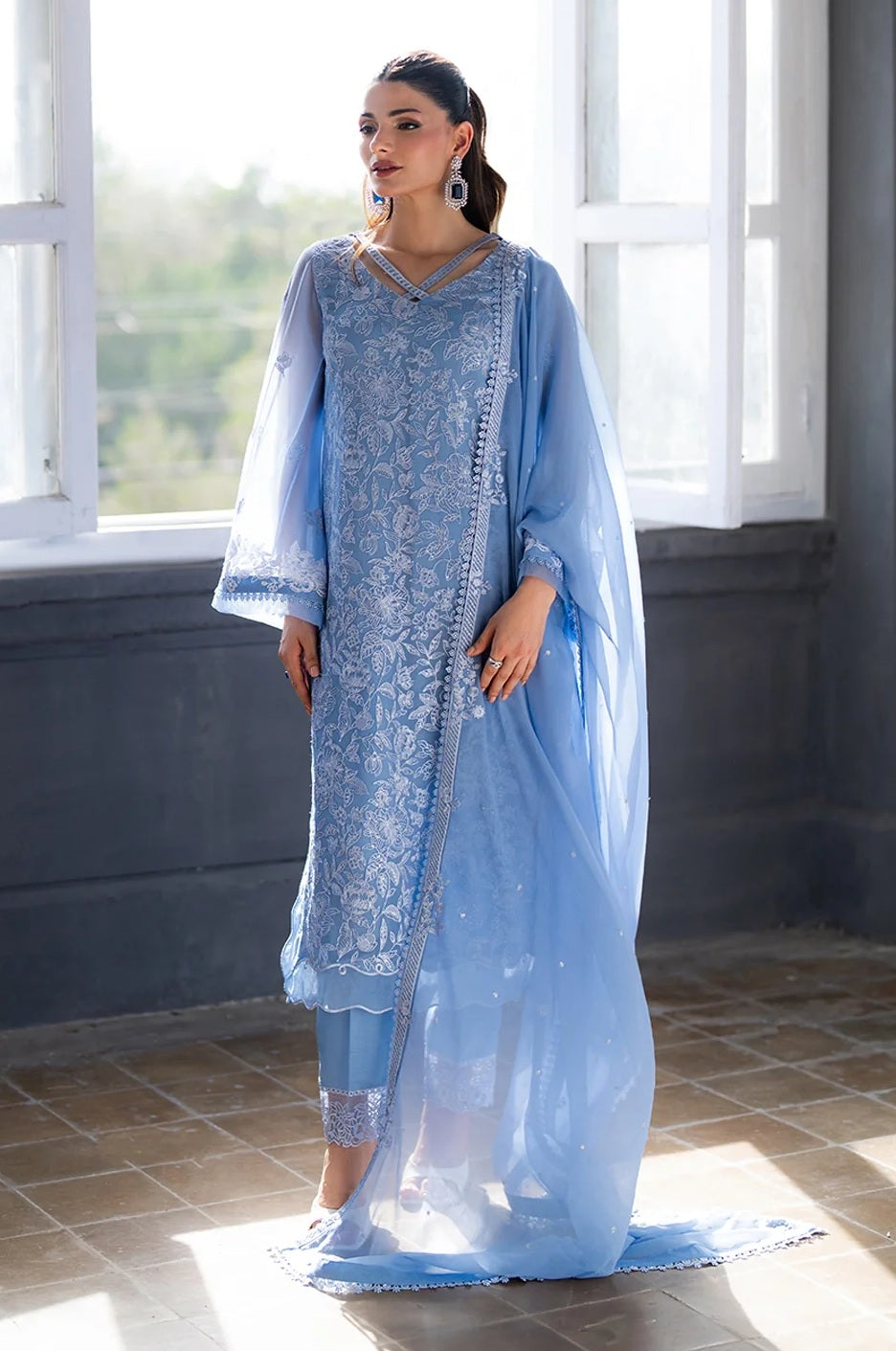 3Pcs Embroidered Chiffon Suit With Malai Crape Trouser Ready To Wear