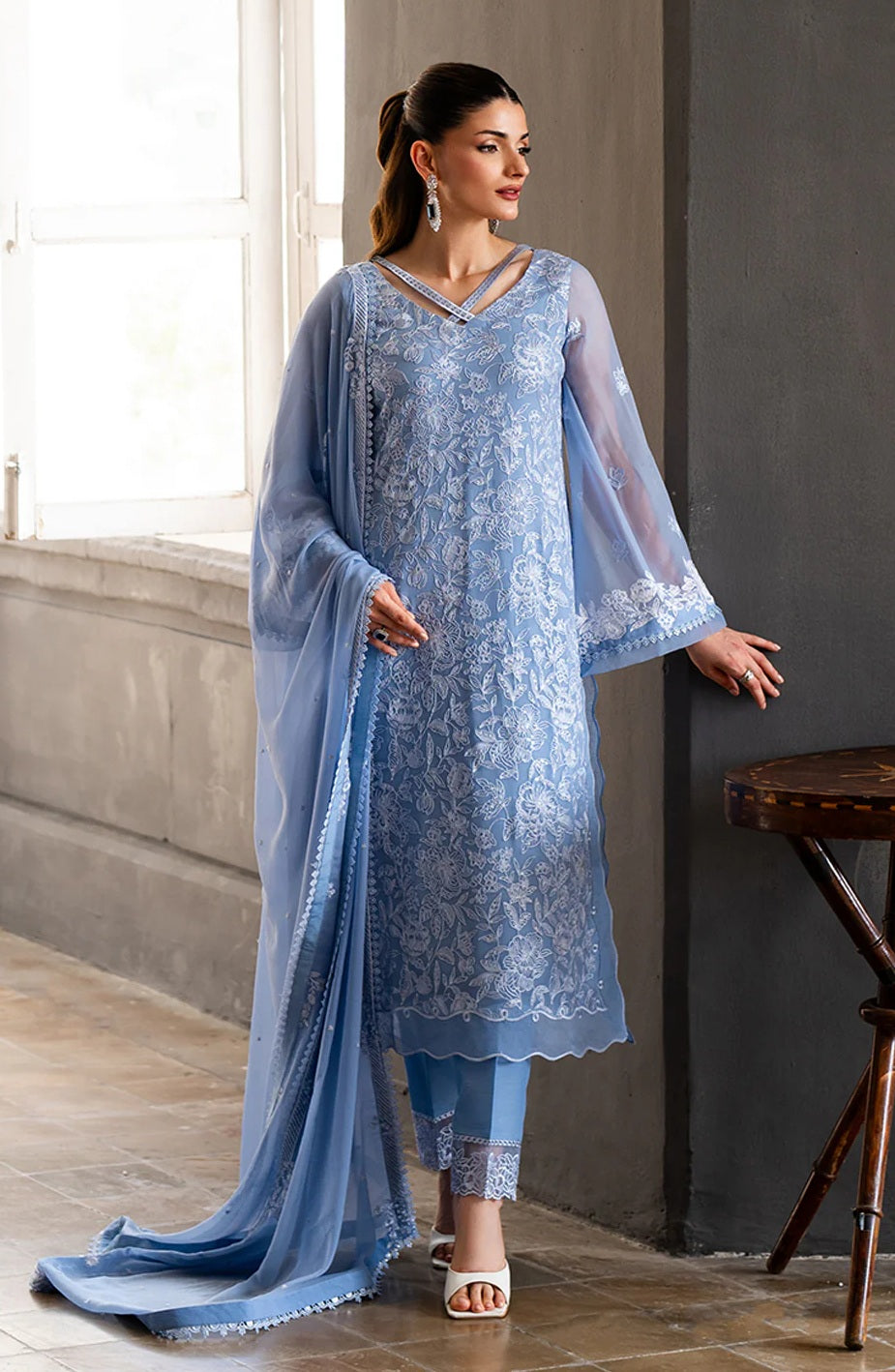 3Pcs Embroidered Chiffon Suit With Malai Crape Trouser Ready To Wear