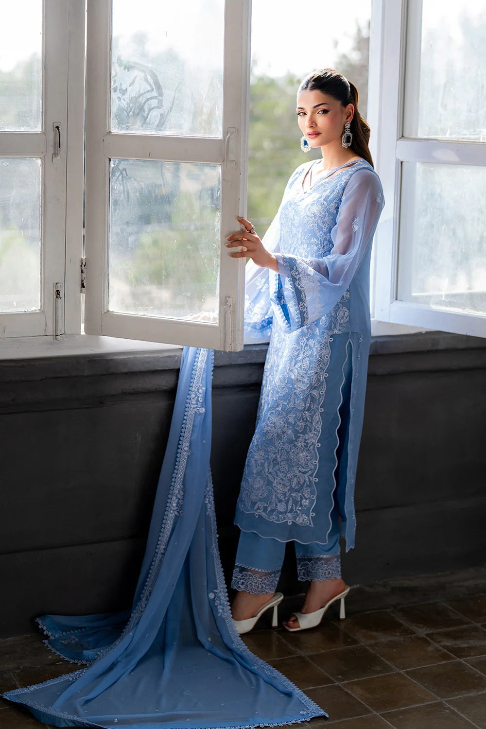 3Pcs Embroidered Chiffon Suit With Malai Crape Trouser Ready To Wear