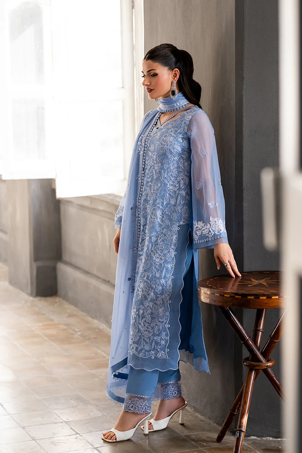 3Pcs Embroidered Chiffon Suit With Malai Crape Trouser Ready To Wear