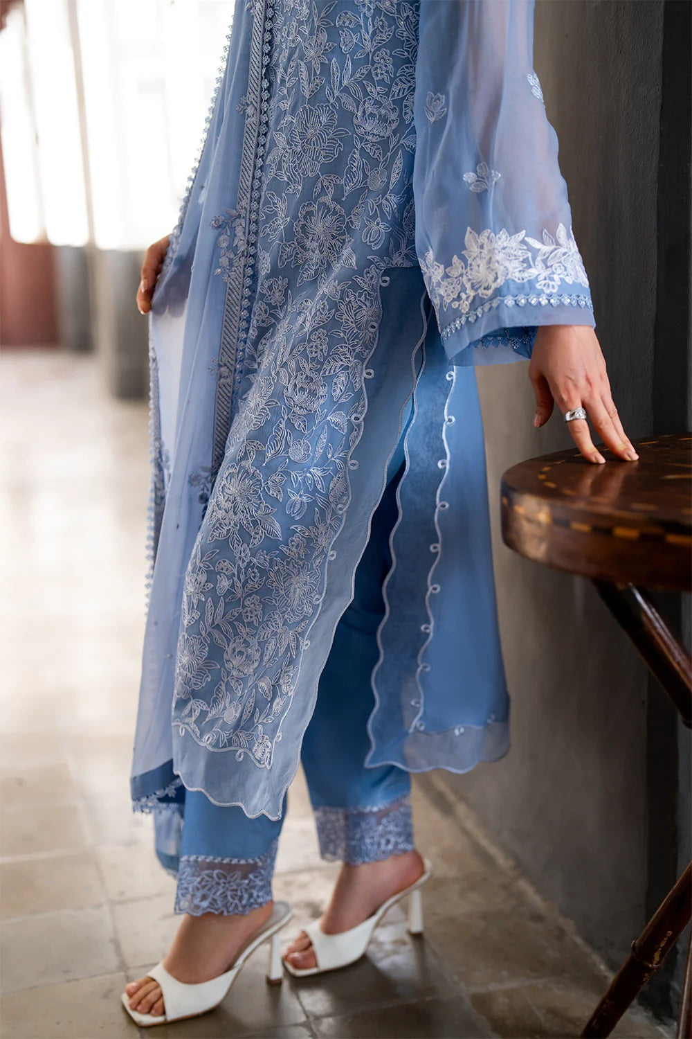 3Pcs Embroidered Chiffon Suit With Malai Crape Trouser Ready To Wear