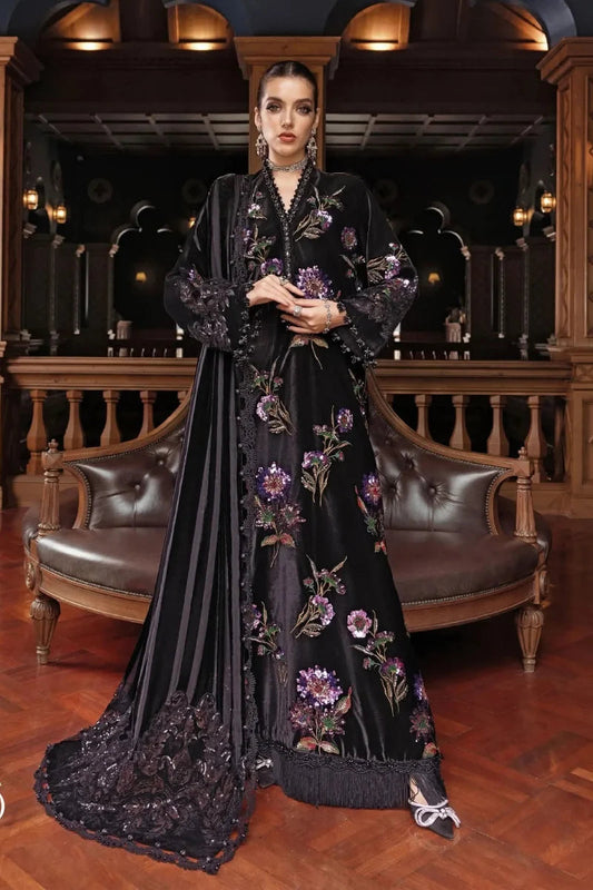 Black Floral Sheesha – Luxury Embroidered Silk 3-Piece Suit Ready to Wear