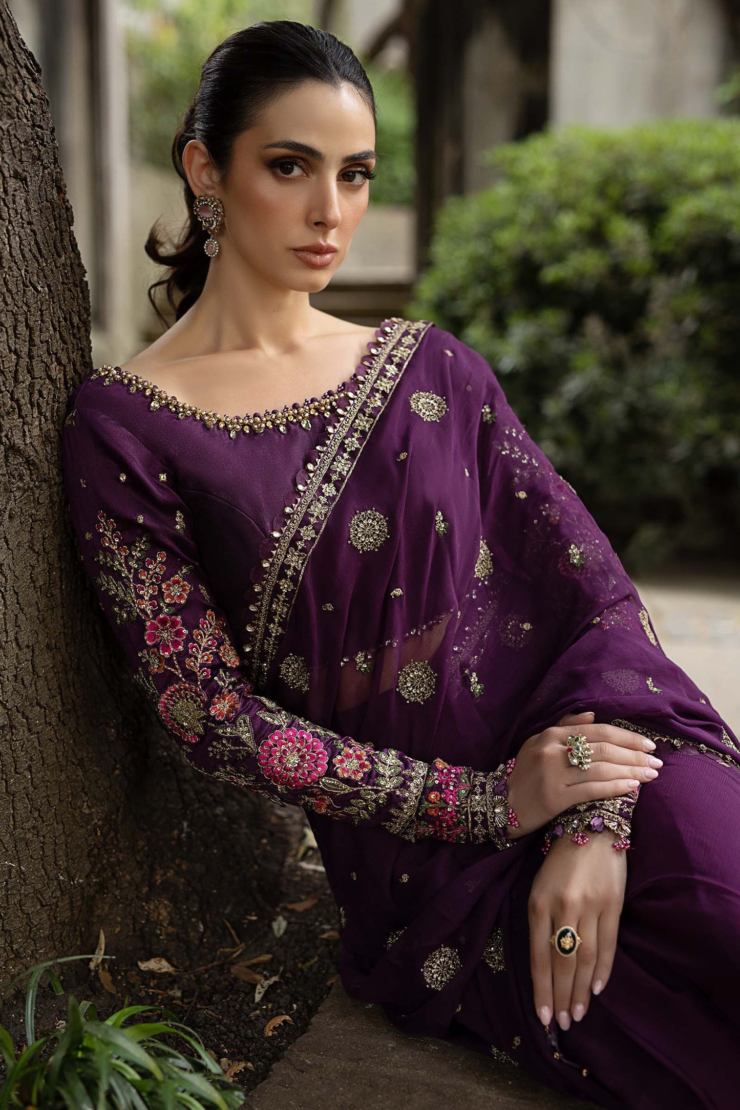 03-Piece Embroidered Chiffon Saree - Ready To Wear