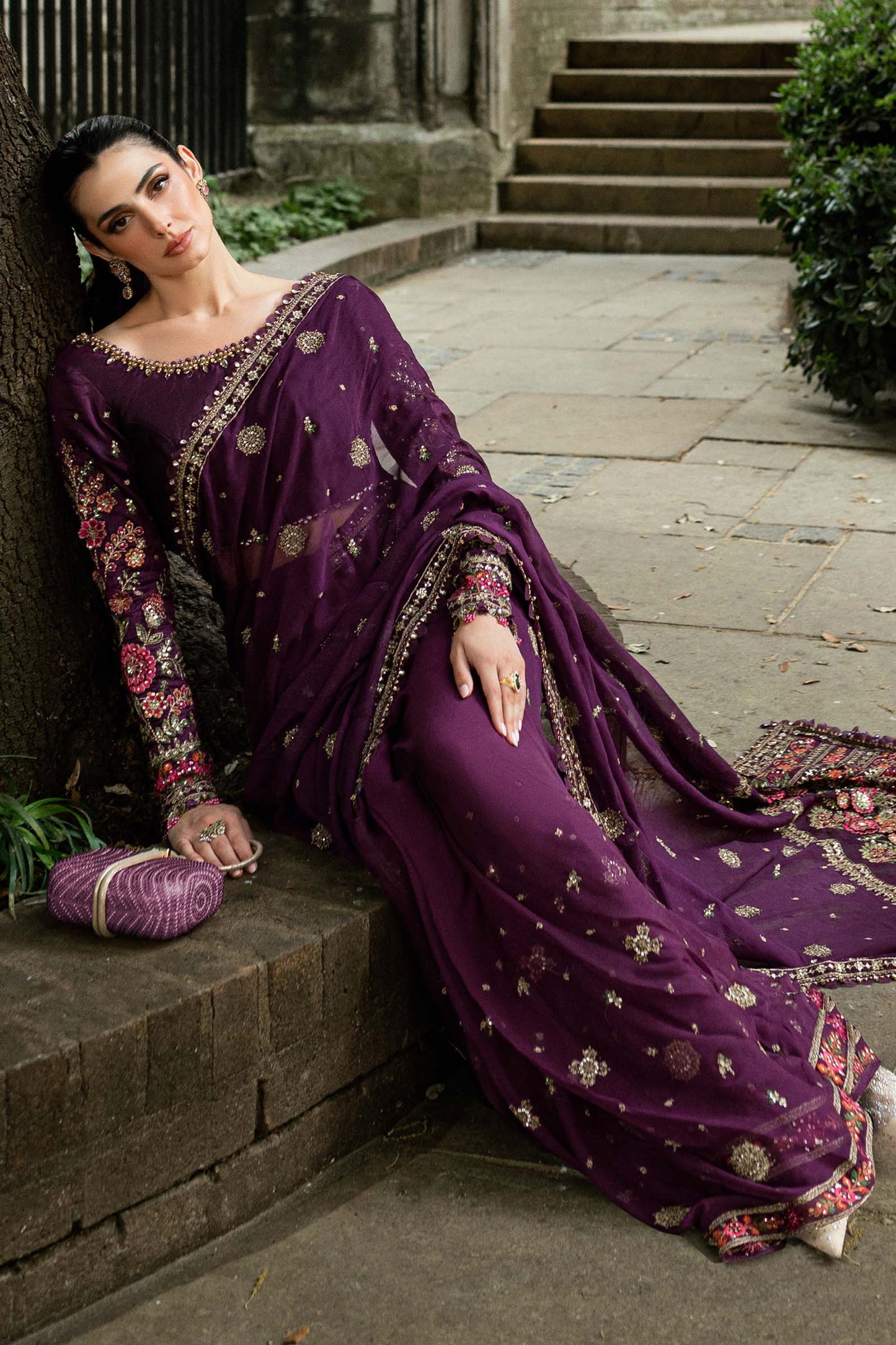 03-Piece Embroidered Chiffon Saree - Ready To Wear