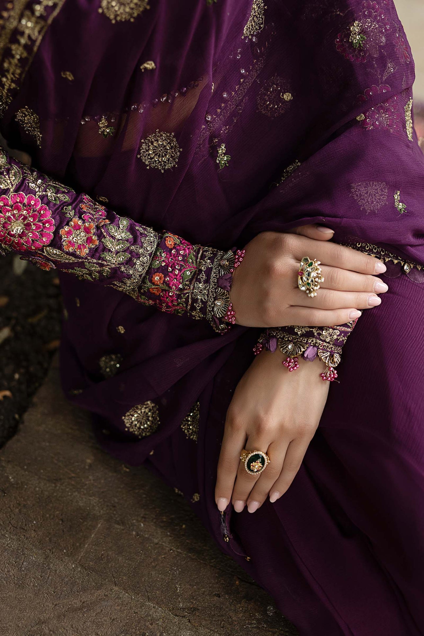 03-Piece Embroidered Chiffon Saree - Ready To Wear