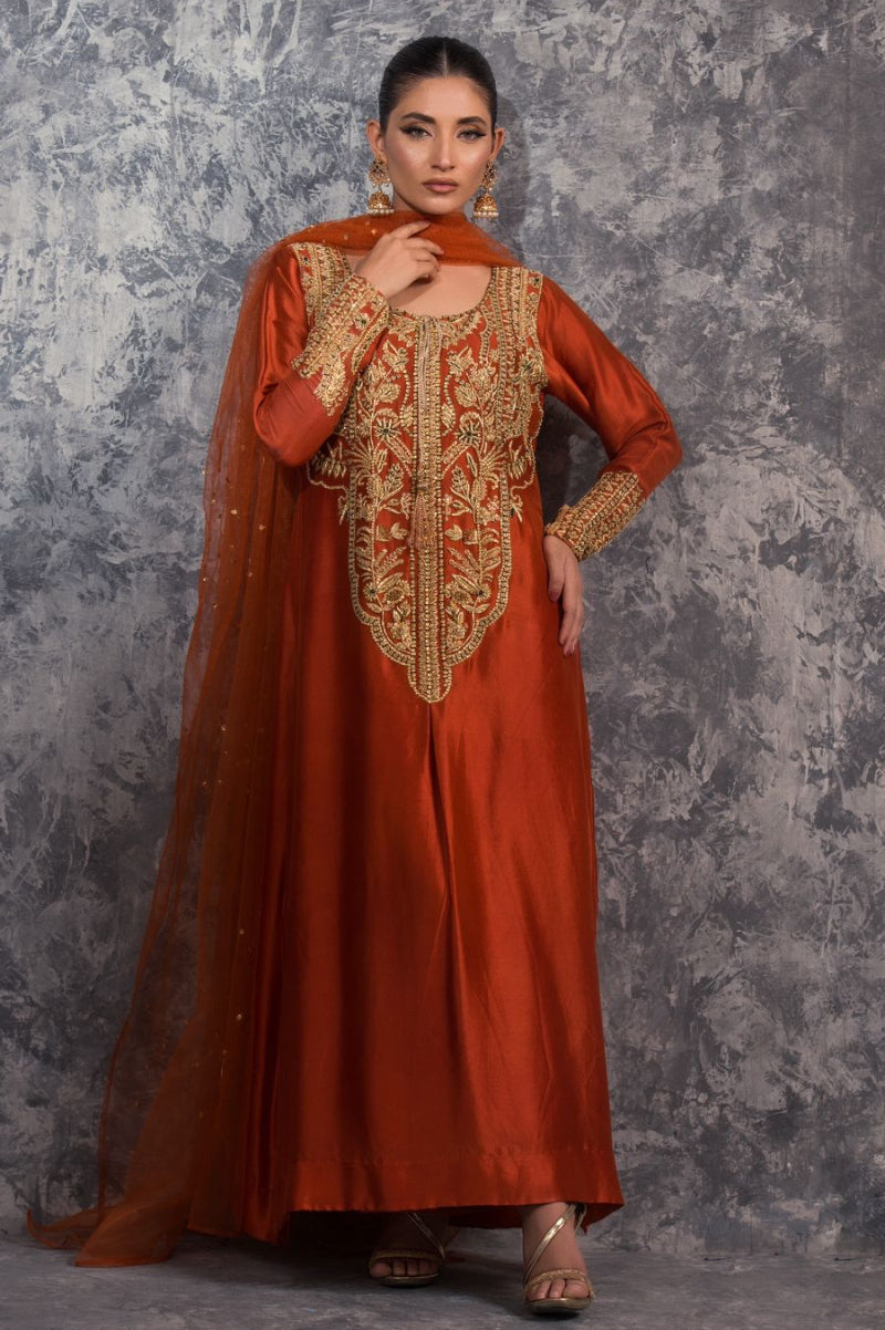 03-Piece Tangy Orange Sheesha Silk Gown - Ready To Wear
