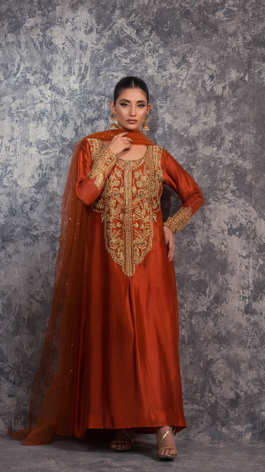 03-Piece Tangy Orange Sheesha Silk Gown - Ready To Wear