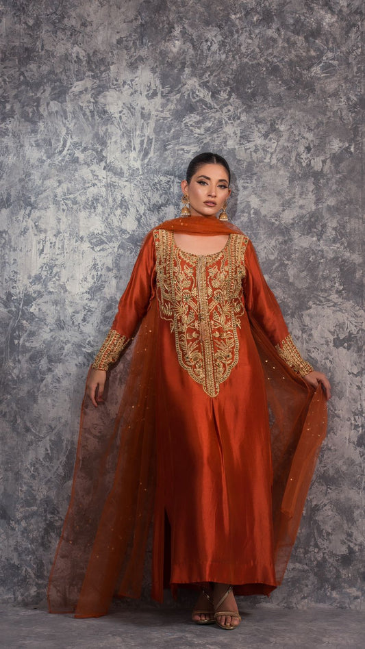 03-Piece Tangy Orange Sheesha Silk Gown - Ready To Wear