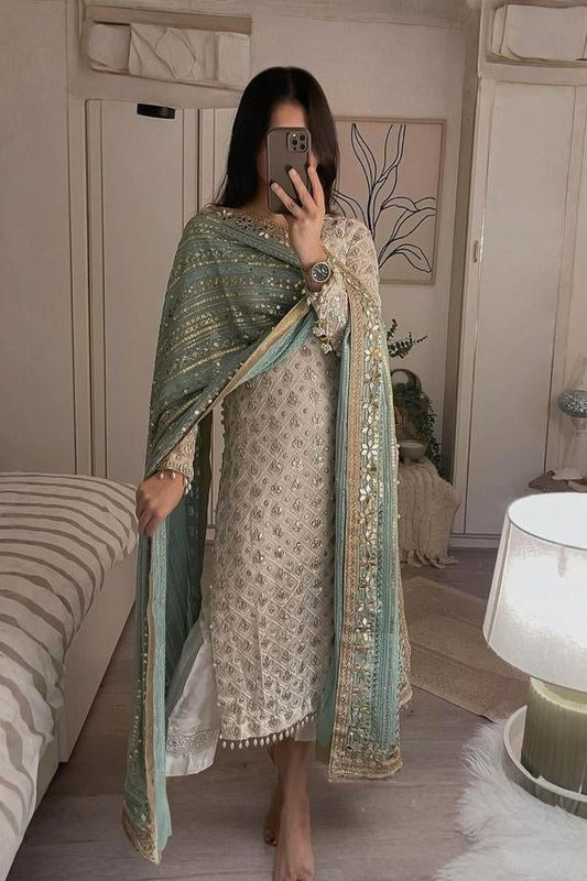 Pure Chiffon Fabric Top & Dupatta Set With Pant