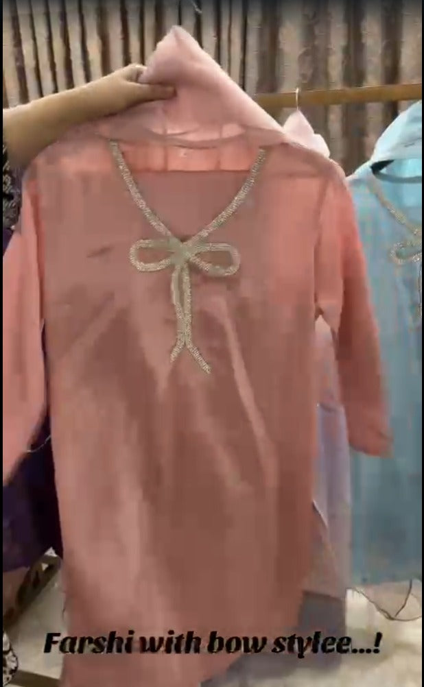 Stitched Cotton Silk Ensemble with Farshi Shalwar & Organza Dupatta