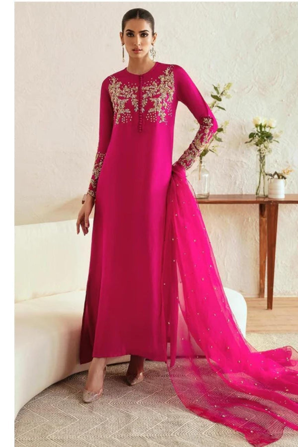 3 Piece Stitched Embroidery Raw Silk Dress - Ready To Wear