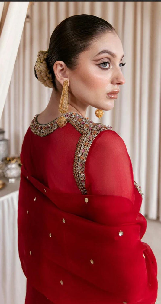 3 Piece Stitched Red Organza Dress - Ready To Wear