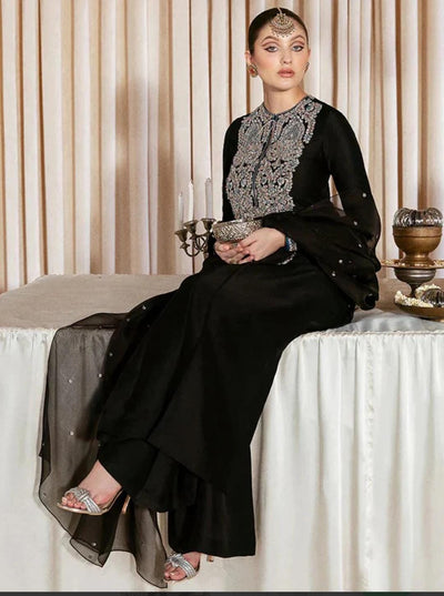 3 Piece Stitched Black Dress - Ready To Wear