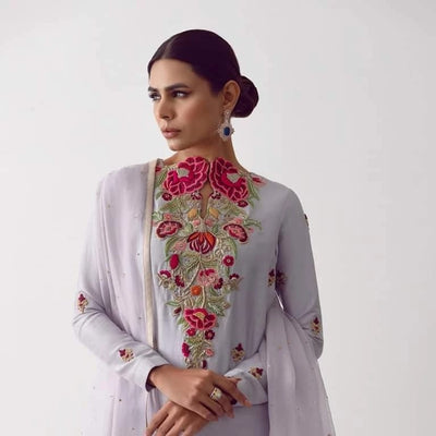 3 Piece Stitched Raw Silk Dress - Ready To Wear