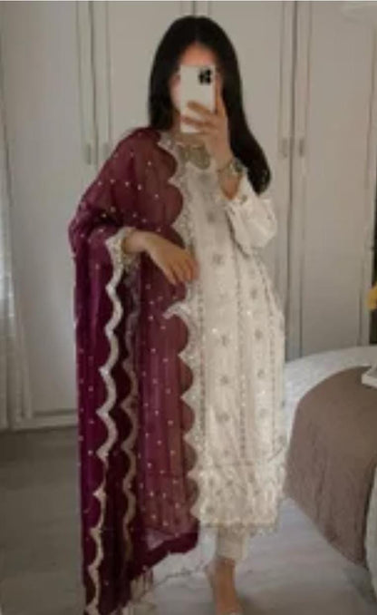 3 Piece Stitched Chiffon Dress - Ready To Wear