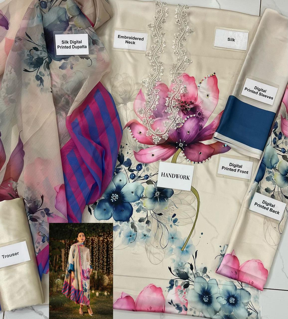 3 Piece Stitched Silk Digital Dress